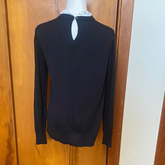 Brooks Brothers Black Crew Neck Sweater White Ruffle Collar Detail 100% Cotton - Picture 4 of 8